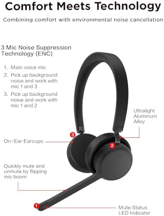 Lenovo Wireless Stereo Headset, Noise Cancelling Mic, Bluetooth 5.3 Multipoint, 31-Hour Talk & 60-Hour Playback, Lightweight 138g, Replaceable Earcups Over-Ear Comfort, Gaming, Office, & PC Use - Image 6