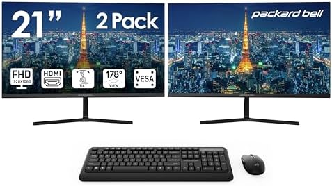 Packard Bell airFrame 21" FHD Monitors + Wireless Keyboard & Mouse, VESA Mount Compatible, HDMI/VGA, Tilt, Slim Bezel, for Home, Office, Light Gaming – 2 Pack by PackardBell
