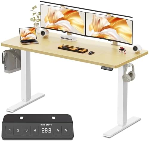 WALKINGDESK 48x24 Inches Height Adjustable Electric Standing Desk with 2 Hooks for Home Office, Ergonomic Sit Stand up Desk with Splice Board, Oak by WALKINGDESK