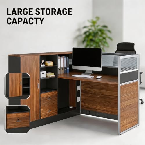 Modular Office Cubicle Workstation Desk with Privacy Panels and Cable Management,Long Computer Desk for Commercial Workspace, Sound Dampening Partition Wall (Oak+Grey, 59IN) - Image 3