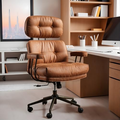 Brown Leather Home Office Chair, Ergonomic High Back Executive Chair with Deep Seat Thick Cushion, Mid Century Modern Big and Tall Computer Desk Chair with Lumbar Support (Light Brown Suede) by Eco-ChicLivingBeautifullyAffordable