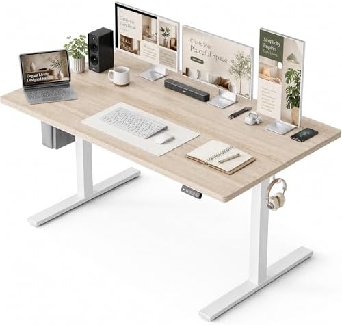 Grandder 47x32 Large Electric Standing Desk, Height Adjustable Computer Desk with 2 Memory Presets, 31.5" Deep Desktop Sit Stand Desk Home Office Desk Workstation Table with Hooks, Light Walnut by Grandder