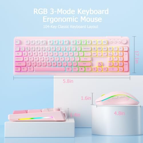 Wireless Keyboard and Mouse Combo, RGB Backlit Rechargeable 2000 mAh Battery, Tri-Mode Bluetooth/2.4GHz/USB-C Custom Creamy Keyboard, RGB Backlit Media Knob (Pink Gradient) - Image 6
