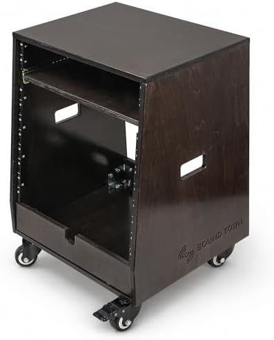 Sound Town DIY Slanted 10U Studio Rack (2U Top + 8U Lower) with 2U Bottom Storage, Slide-Out Tray, Casters, for Home Studio and Recording Room, Birch Plywood, Black Espresso (SDRK-ST10TD) - Image 3