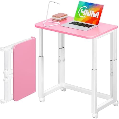 4NM No Tool Assembly 23.6" Small Desk, Folding Portable Desk with Wheels, Foldable Computer Home Office Desks, Collapsible Study Writing Table for Space Saving Bedroom - Pink White by 4NM