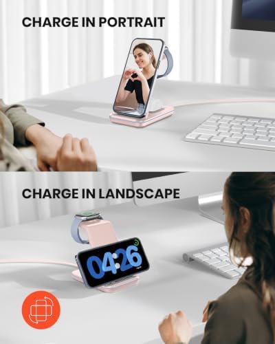 GEEKERA Wireless Charger, 3 in 1 Wireless Charging Station for iPhone Air/17/16/15/14/13/12/11/Pro Max/X/8, Phone and Watch Charger Stand for Apple Watch Ultra 3-2/11-2/SE, AirPods Pro/4/3/2, Pink - Image 4