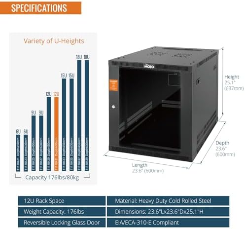 Tecmojo 12U Wall Mount Rack Cabinet, Heavy-Duty 176 Lbs High Load Capacity, 19” Enclosed Server Network Rack with 2 Colling Fans, Glass Door, 23.6” Deep – Elite Collection - Image 3