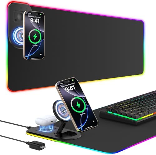 RGB Gaming Mouse Pad Wireless Charging Desk Mat with Foldable Phone Stand, Large LED Gaming Mat 800x350x4mm, 15 Light Modes, Waterproof, Keyboard Pad for PC Computer, Includes 20W PD Power Adapter by Unknown