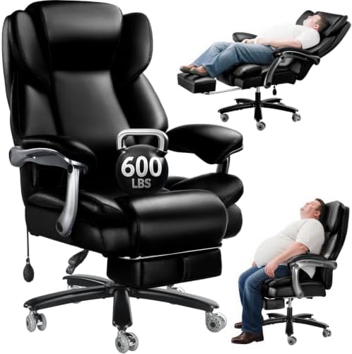 600lbs Big and Tall Office Chair for Heavy People,Heavy Duty Comfy Executive Office Desk Chair with Adjustable Lumbar Support,High Back Reclining PU Leather Computer Chair,Metal Base (Reclining Black) by Unknown