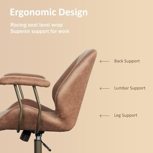 Mid Back Home Office Chair, Mid Century Modern Executive Chair, Comfy Ergonomic Rolling Office Desk Chair with Lumbar Support, Brown Faux Leather Office Chair, Brown - Image 3