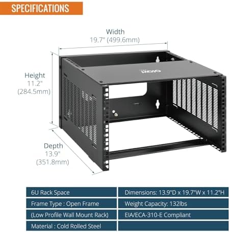Tecmojo 6U Wall Mount Rack,6U Rack 13.9 inch Depth,132lbs(60kg) Weight Capacity,19" Network Rack for Shallow Server and IT Equipment, Network Switches,Patch Panel Bracket,Black - Image 2