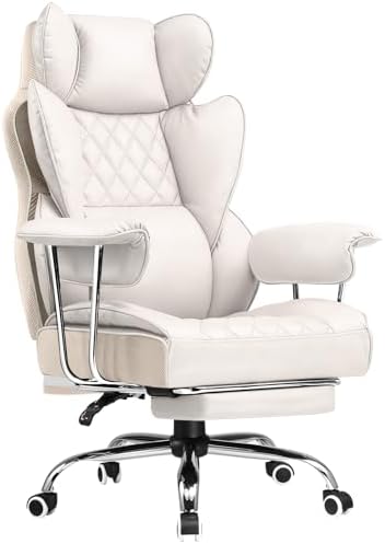 COMHOMA Big and Tall Office Chair, High Back Leather Gaming Chair with Footrest, Executive Ergonomic Office Chairs with Pocket Spring Lumbar Support and with Outward Fixed Soft Armrests by ComHoma