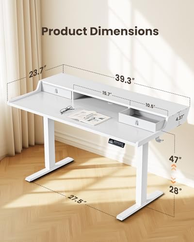 ErGear Electric Standing Desk with Drawers, 40″ x 24″ Small Gaming Table Compatible Monitor Stand, Stand up Desks, Home Office Height-Adjustable Desk with Storage Shelf, 4 Preset Heights, White - Image 3