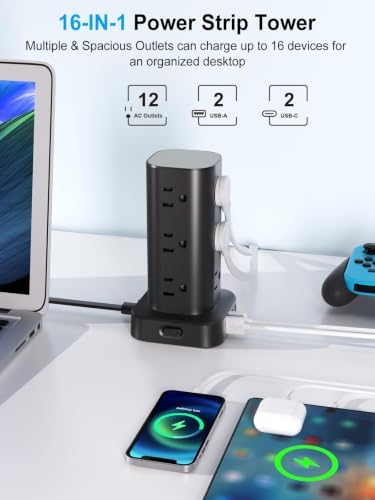 6FT Power Strip Tower Surge Protector, 12 Wide Spaced Outlets, 4 USB - Image 2