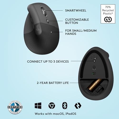 Logitech Lift Vertical Ergonomic Mouse, Wireless, Bluetooth or Logi Bolt USB Receiver, Quiet clicks, 4 Buttons, Compatible with Windows/macOS/iPadOS, Laptop, PC - Graphite (Renewed) - Image 6