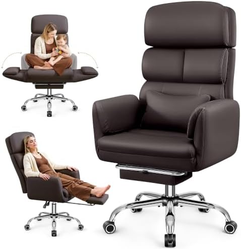 Big and Tall Office Chair 500LBS, Ergonomic High Back Leather Executive Chair, Reclining Swivel with Adjustable Armrests Lumbar Support Footrest, Cross Legged, Coffee by BestEra
