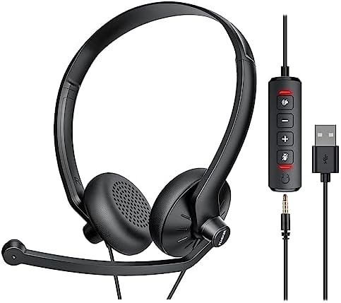 FEABASK USB Headset with Microphone for PC Laptop - Wired Computer Headphones with Noise Cancelling Microphone for Home Office Online Class Skype Zoom Meetings,in Line Mute Controls by FEABASK