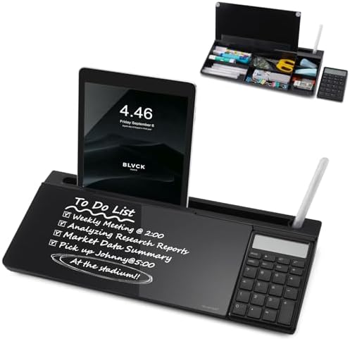 Small Glass Desktop Whiteboard Dry-Erase-Board - Computer Keyboard Stand with Calculator White Board Surface Pad with Drawer, Desk Organizers with Accessories for Office, Home, School Supplies - Black by TSJOFFICE-WipeCleanThinkGreenWorkSmart