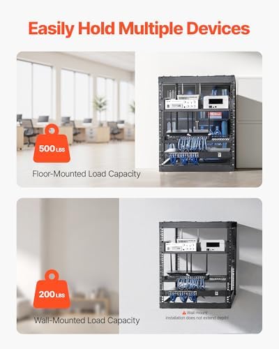 VEVOR 12U Open Frame Network Rack, 23 in Depth, Wall Mounted or Floor Standing Server Rack, Heavy Duty 4 Post, with Vented Shelves & Mounting Hardware, Holds All Your Networking IT Equipment AV Gear - Image 2