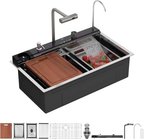 Sarlai Waterfall Kitchen Sink 33 Inch Drop In Sinks 33x19 Inch Workstation by Sarlai