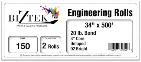 Wide Format Paper 34" x 500' Bond Engineering 20lb | 92 Bright | 2 Rolls | 3" Core - Image 2