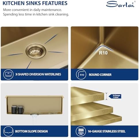 Sarlai 33 Gold Kitchen Sink with Faucet- 33x22 Inch Drop In Kitchen Sink Single Bowl Topmount Gold Ledge Workstation Sinks 16 Gauge Stainless Steel Sinks with Pull-out Faucet - Image 6