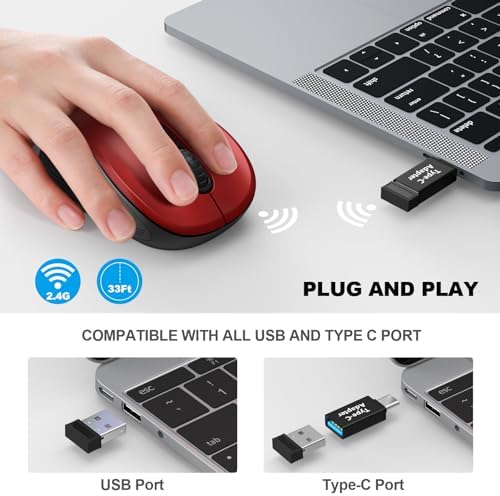 WisFox 2.4G Wireless Mouse for Laptop, Ergonomic Computer Mouse with USB Receiver and Type-C Adapter, 6 Button Cordless Mouse Wireless Mice for Windows Mac PC Notebook (Red) - Image 2