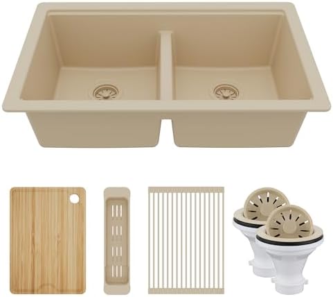 Karran 32.5 Inch Undermount Quartz Composite Workstation Kitchen Sink, 50/50 Double Bowl Low Divide with Color Matched Accessories, Cutting Board, Drying Mat, Colander & Strainers Bisque by Karran