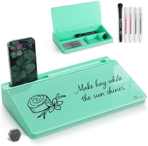 TOWON Compact Glass Desktop Whiteboard with Storage 12x7 in, Mint Green by TOWON