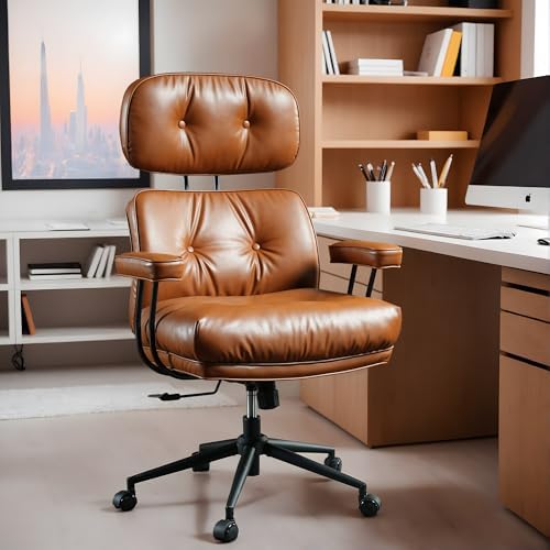 High Back Executive Office Chair with Comfortable Deep Seat,Brown PU Leather Modern Office Chair,Ergonomic Big and Tall Computer Desk Chair with Lumbar Support(Light Brown) by Eco-ChicLivingBeautifullyAffordable