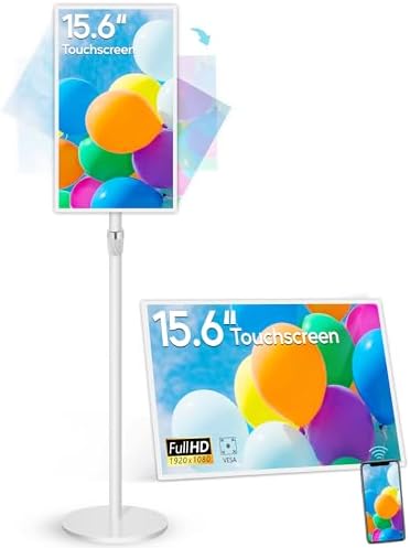 15.6" Digital Signage with 10000mAh Battery, Capacitive Touchscreen Advertising Display, Adjustable Stand, Android 13 Commercial LCD Monitor with Auto Play, Wireless Screen Mirroring, 4+64GB, White by PWR4GTR
