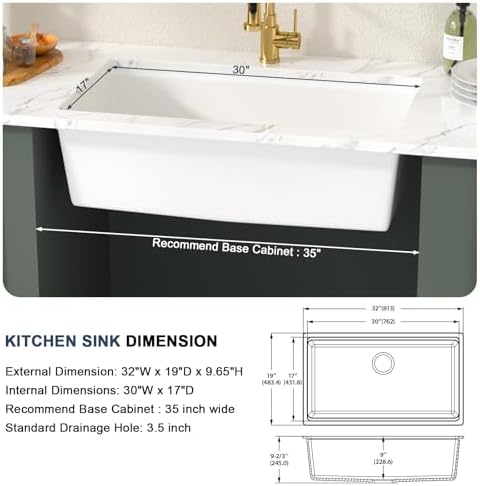 Lordear 32 Inch White Kitchen Sink Granite Composite Undermount Kitchen Sink Workstation 32x19 White Quartz Sinks Under Counter Single Bowl with Classic Gold Accessories - Image 6