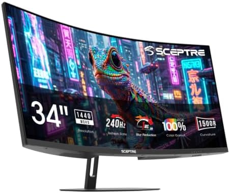 New! Sceptre Curved 34-inch Prime Gaming Monitor 3440 x 1440 up to 240Hz 1500R 1ms 100% sRGB DisplayPort x2 HDMI x2 Build-in Speakers, Machine Black 2027 (C345B-QU240T Series) by SceptreInc