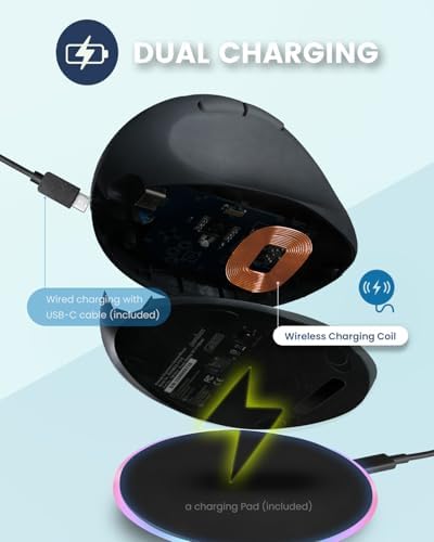 Perixx PERIMICE-719RX Wireless 2.4G Rechargeable Ergonomic Mouse - Duo Wired and Cordless Charging Feature - Wireless Charger Included - Black - Image 4