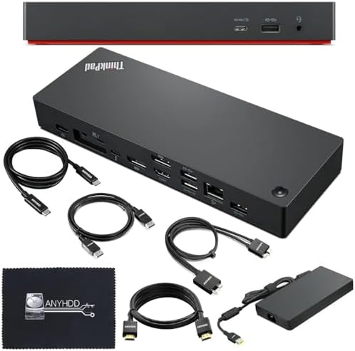 40B00300US Lenovo Docking Station USB C Bundle - 1 Year Warranty, Supports 4K Display, Thunderbolt 4 Dock with 300W Adapter, Anyhdd HDMI, DisplayPort, Thunderbolt Cables & Cloth by ANYHDD