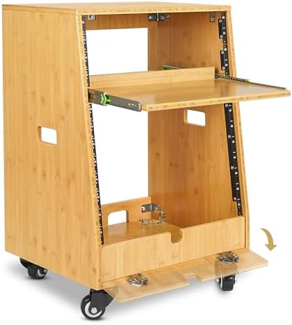 Sound Town DIY Solid Carbonized Bamboo Slanted 12U Studio Rack (4U Top + 8U Lower), with 2U Bottom Storage, Slide-Out Tray, Caster, For Recording Room, Home Studio (STBR-ST12T) - Image 4