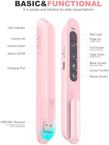 DINOSTRIKE Pink Wireless Presentation Remote with Air Mouse, Rechargeable USB C Slide Clicker Compatible with PowerPoint for Mac and Windows Laptops (2.4GHz) - Image 7