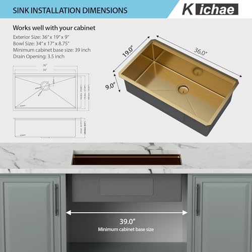 Kichae 36 Undermount Kitchen Sink Gold Stainless Steel 16 Gauge Workstation - Image 7