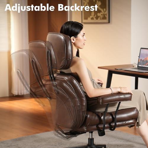 High Back Executive Office Chair with Comfortable Deep Seat,Brown PU Leather Modern Office Chair,Ergonomic Big and Tall Computer Desk Chair with Lumbar Support(Dark Brown) - Image 4
