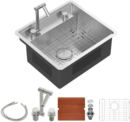 Sarlai Undermount Bar Sink With Foldable Faucet - 21x19 Inch Outdoor Kitchen Sink RV Workstation 16 Gauge Stainless Steel Single Bowl Handmade Outdoor BBQ Sinks by Sarlai
