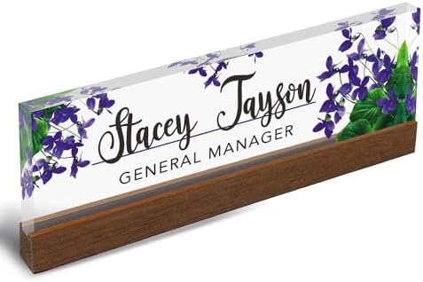 Artblox Personalized Office Desk Name Plate and Business Card Holder | Clear Acrylic Glass with Teak Wood Stand | Violets Flowers Design Customized with Your Name and Credentials Office Desk Décor - Image 5