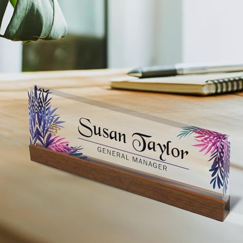 Artblox Personalized Office Desk Name Plate and Business Card Holder | Clear Acrylic Glass with Teak Wood Stand | Leaf Design Customized with Your Name and Credentials Office Desk Decor - Image 3