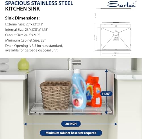 Sarlai Laundry Sink with Faucet - Drop In 25"x22"x12" Deep Laundry Utility Kitchen Sink Drop-in Topmount Single Bowl Sink 16 Gauge Stainless Steel Kitchen Laundry Room Sinks Basin - Image 7