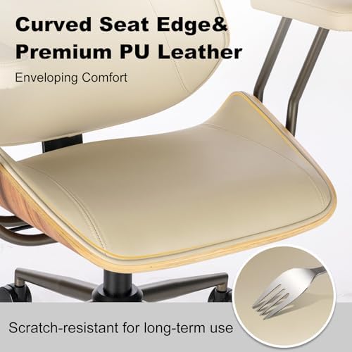 Mid Century Walnut Bentwood PU Leather Office Chair with Arms, Beige - Image 7