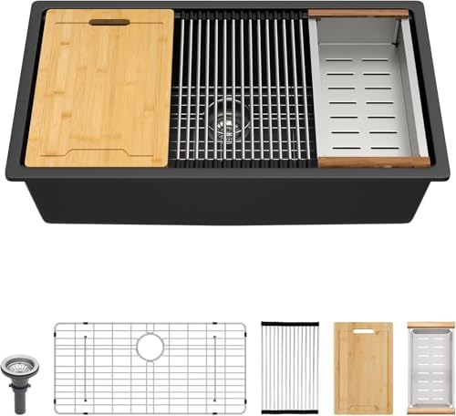 Lordear 30 Black Undermount Kitchen Sink Granite Composite 30X19 Inch Undermount Workstation Sinks Quartz Black Deep Single Bowl Sink by LORDEAR