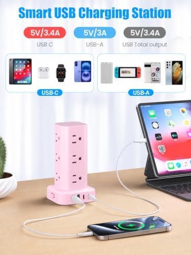 Power Strip Tower with Wireless Charger, Flat Plug Surge Protector Tower with 6FT Extension Cord, 12 AC Multiple Outlets, 4 USB (2 USB C),15W Wireless Charging Power Tower for Home Office Dorm, Pink - Image 4