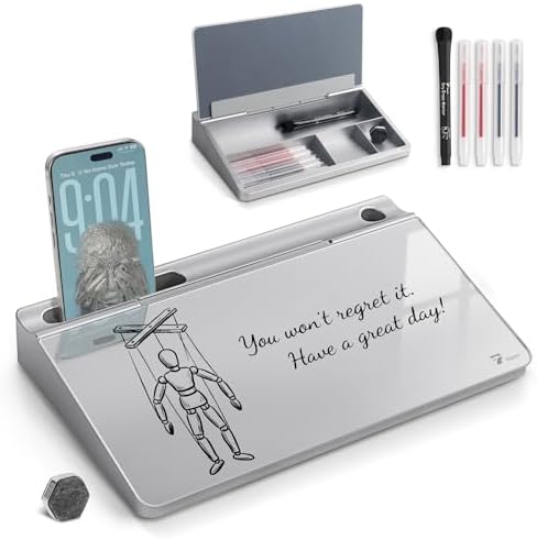 TOWON Glass Desktop Whiteboard with Storage 12x7 in, Metallic Silver by TOWON