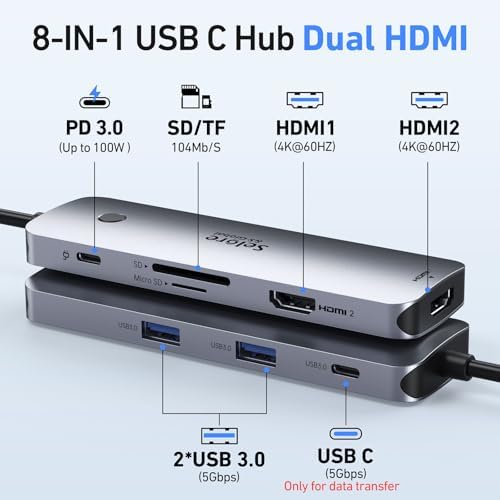 Selore USB C Docking Station Dual HDMI Monitor, USB C to Dual HDMI Adapter with 4K@60Hz HDMI, 100W PD, SD/TF, USB A&C 3.0 Ports, Laptop Docking Station for Dell XPS/HP/Lenovo/Surface/Yoga etc - Image 2