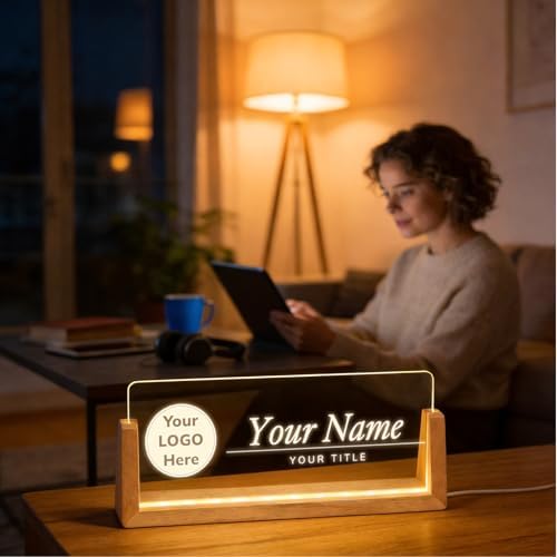 Personalized Light Up Acrylic Desk Name Plate - Custom Name Plate for Desk with Walnut Wood Base - Appreciation Office Gifts for Employees, Teacher, Social Worker (LOGO) - Image 4