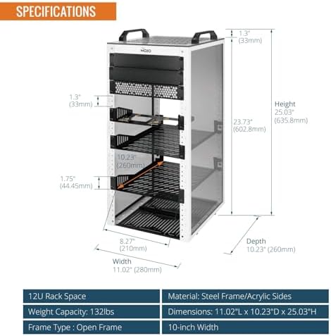 Tecmojo 12U Network Rack, 10 inch Mini Server Rack with 2 Side Translucent Panels & 2 Top Handles, 10.23 inch Deep, for 10 inch IT Equipment & A/V Devices, White - Image 2